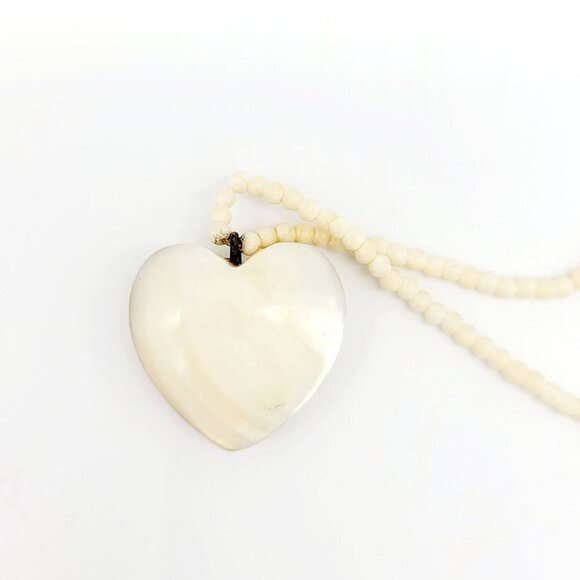 Vintage Puffed Heart Mother Of Pearl Natural Shell Necklace Bone Beads Unique - Picture 4 of 12